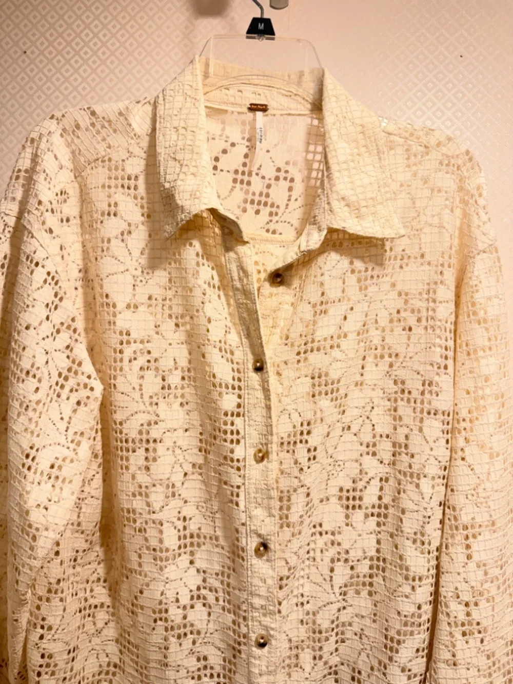 Free People Tea Lace Button Down Long Sleeve Boho Beach Summer Shirt Size Small